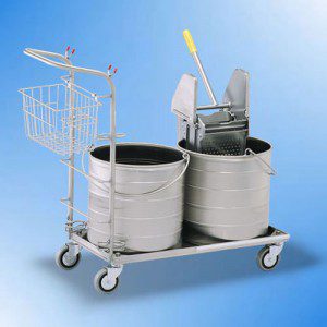 Stainless two buckets on cart